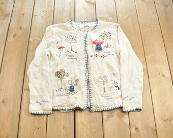 Vintage 1990s Summer Fun Spring Winter Fall Hand Embroidered Knit Cardigan Sweater Made In USA