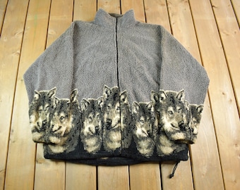 Vintage 1990s Bear Ridge Winter Wolf Theme Full Zip Fleece Sweater