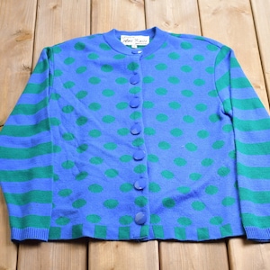 Vintage 1990s Ami Knits Striped Polka Dot Button Up Board Sweater / Knit Button Up / Loop Button / Casual Wear / Made In USA / Knit Blazer
