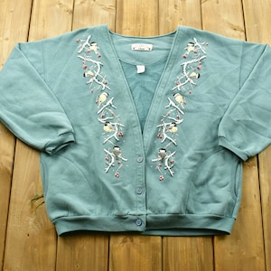 Vintage 90&#39;s Bird Graphic Cardigan Sweater / 90s Crewneck / Nature Print / Vintage Sweatshirt / Animal Print / Wilderness