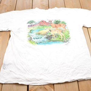 Vintage 1990s Deer by the Stream Graphic T Shirt / Small Stains / Vintage T Shirt / Streetwear / Rare Vintage / Single Stitch / Made In USA