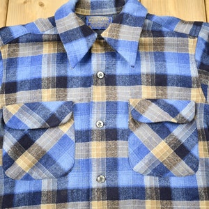Vintage 1970s Pendleton Plaid Button Up Board Shirt / 100% Virgin Wool / Loop Button / Outdoor / True Vintage / Made In USA / Blue Flannel image 3