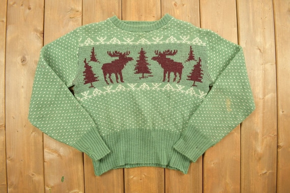 Vintage 1940s Moose Knit Wool Sweater / Christmas… - image 1