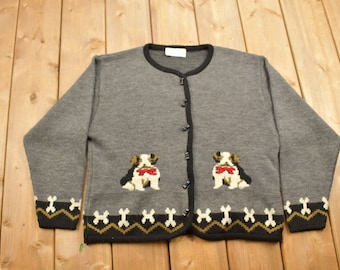 Vintage 1990s Annex Dog Theme Knitted Button Up Sweater / Vintage Cardigan / Button Up / Abstract Pattern / Animal Theme / Dog Knit