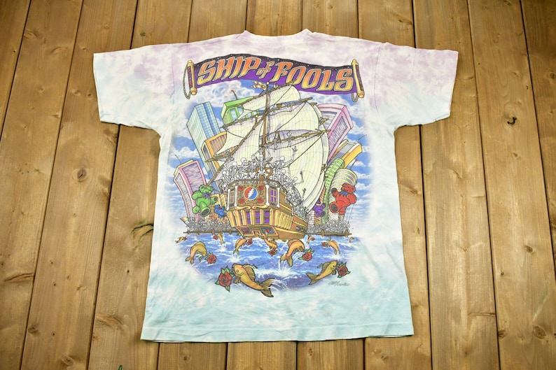 Vintage 1993 Grateful Dead Ship Of Fools All Over Print Pirate T-shirt / Band Tee Music Promo / Tie Dye / Single Stitch / Liquid Blue image 2