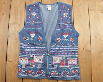 Vintage Needles Wool Vest: Embroidered Buttonless Waistcoat, Size