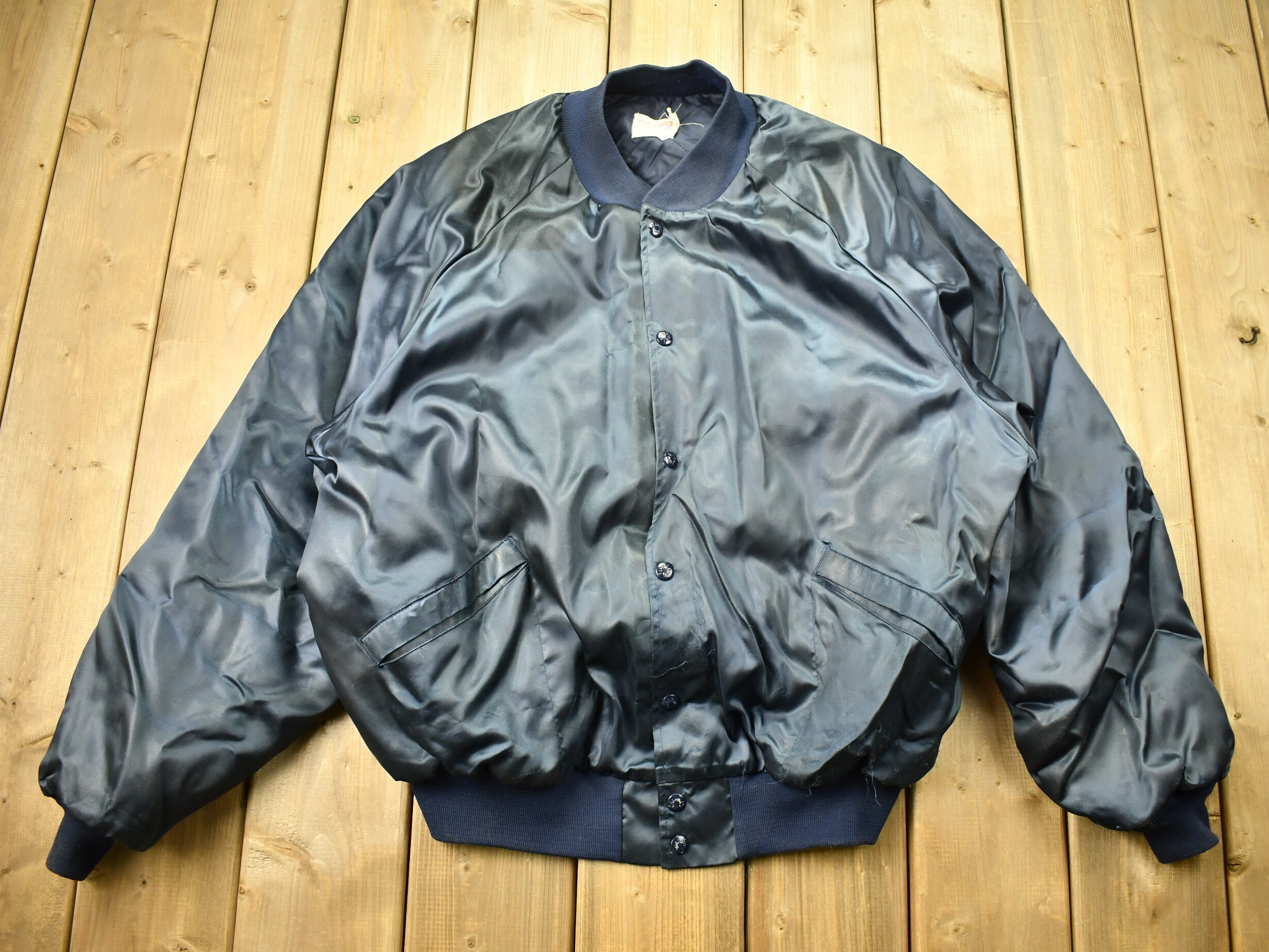 ジャケット・アウター 80s OKIEF MARINA TypewriterCotton Bomber Vintage 1980s Morning Journal Buckeye Publishing Satin Bomber