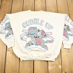Vintage 1990s Cuddle Up Cute Teddy Bear Crewneck Sweater / 90s Crewneck / Grandma Sweater / All Over Print / Made In Canada