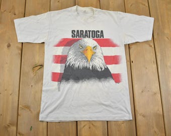 Vintage 1980s Saratoga Bald Eagle Patriotic T Shirt / Made In USA / American Flag