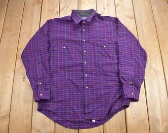 Vintage 1980s Pendleton Plaid Button Up Dress Shirt /Purple Plaid Dress Shirt / Made In USA / Pendleton Shirt / Pendleton Woolen Mills