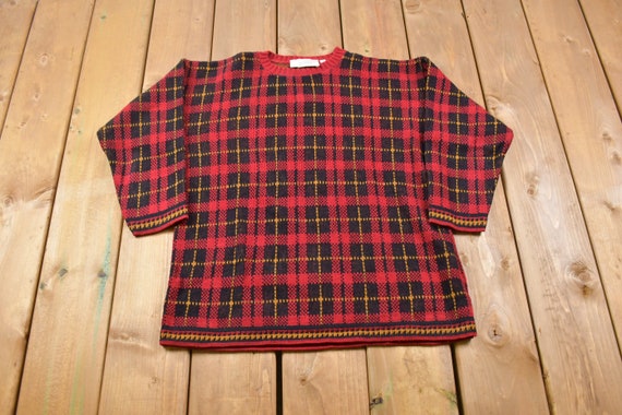 Vintage United States Sweaters Plaid Knitted Swea… - image 1