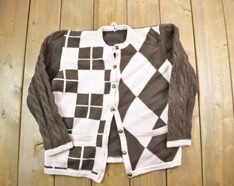 Vintage 1990s Pink And Brown Knit Cardigan Sweater