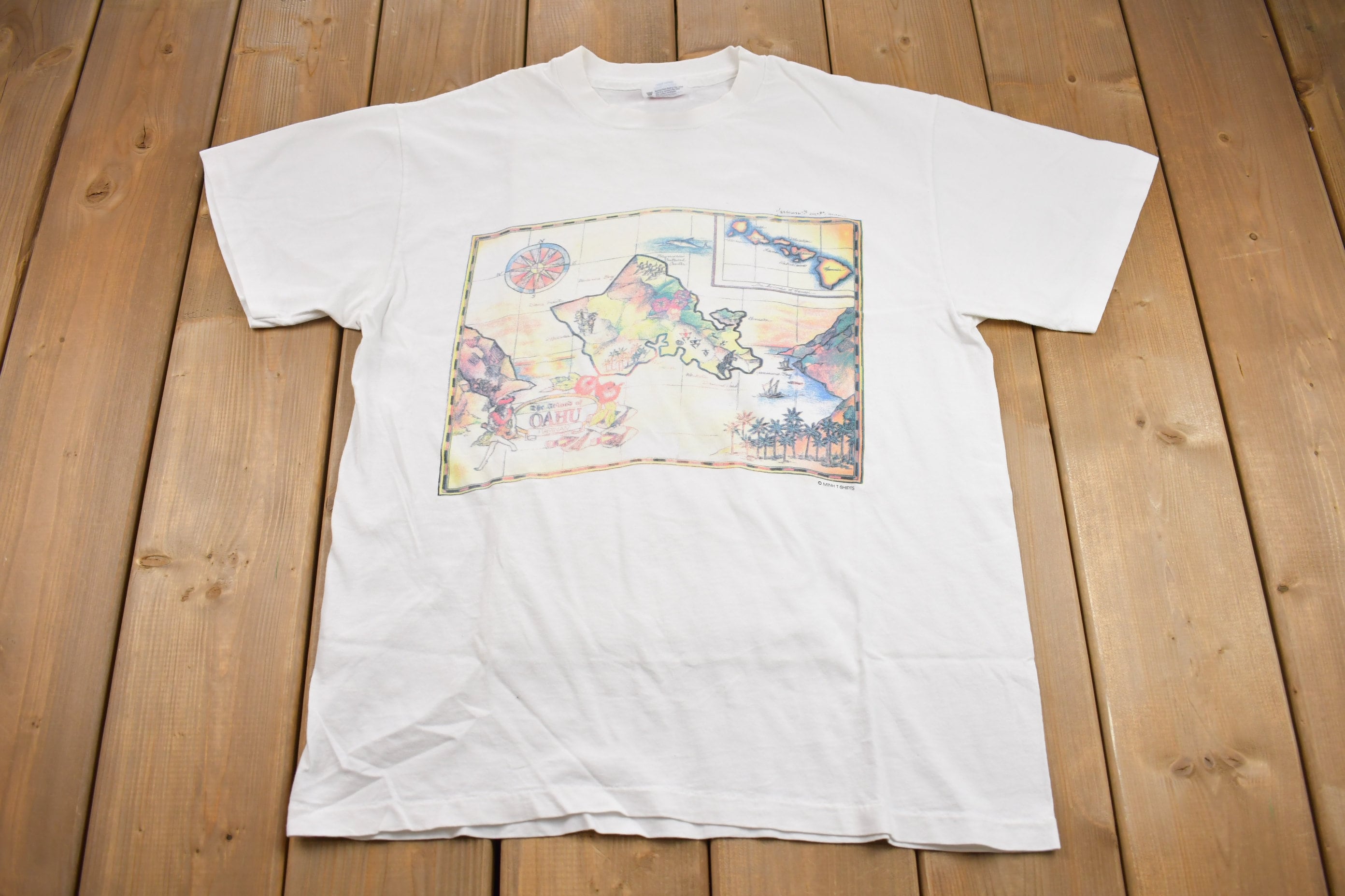 Vintage 1990s Oahu Hawaii Map Graphic Souvenir T Shirt 