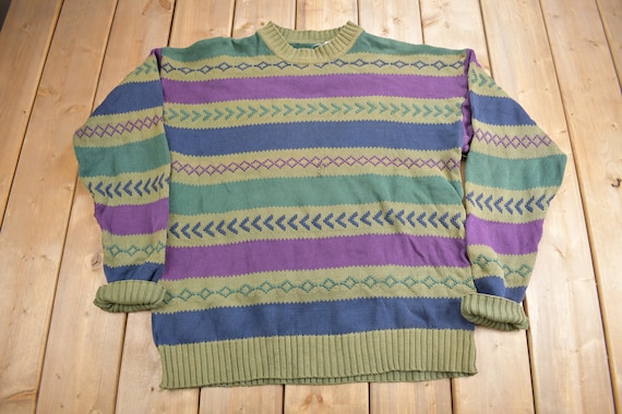 Vintage 1980s Striped Knit Crewneck Sweater / Vintage 80s Crewneck / All Over Pattern / Colourful Sweatshirt / Abstract Pattern