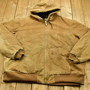 Vintage 1990s Carhartt Hooded Work Jacket / Workwear / Streetwear / Light Brown / 90s  / Distressed Carhartt / Vintage Work Jacket