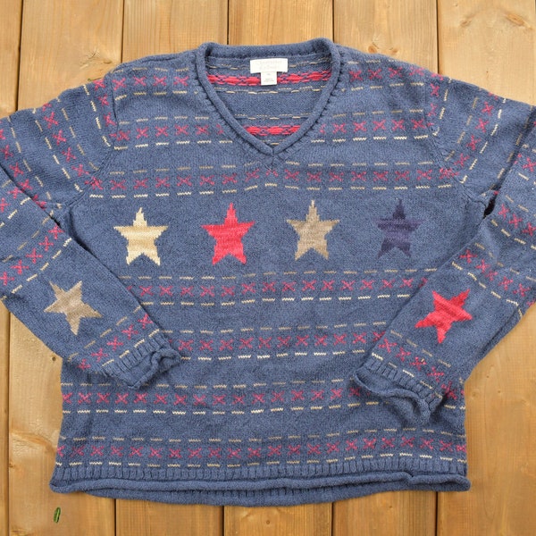 Vintage 1990s Christopher and Banks Sweater / Vintage 90s Crewneck / Pattern Sweater / Outdoor / Moon & Stars / Pullover Sweatshirt