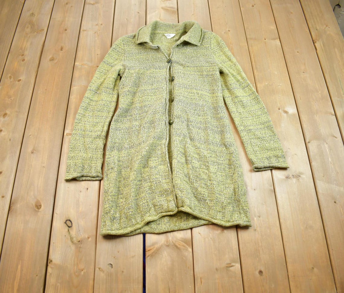 Vintage 1980s Arte Green Knit Long Cardigan Sweater, foto 1 di 5