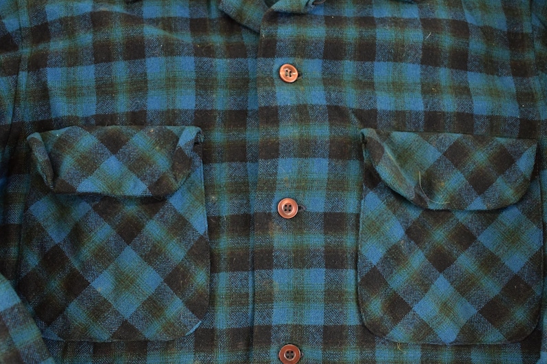 Op de afbeelding: Close-up van een blauw en zwart geruit flanellen overhemd. Het overhemd heeft twee voorzakken en bruine knopen. Het ruitpatroon is een klassiek ontwerp, met een mix van blauwe en zwarte vierkanten.
