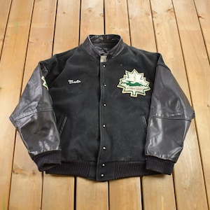 Vintage 1990s Stars Hockey Leather Letterman Varsity Jacket / Patchwork Streetwear / Embroidered / Black on Black
