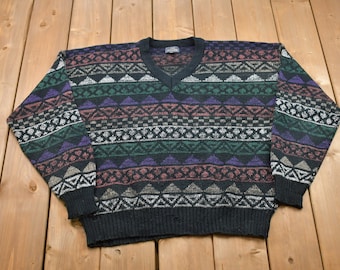 Vintage Sir William V-Neck Knitted Sweater / Vintage 90s Crewneck / Pattern Sweater / Outdoor / Hand Knit / Pullover Sweatshirt
