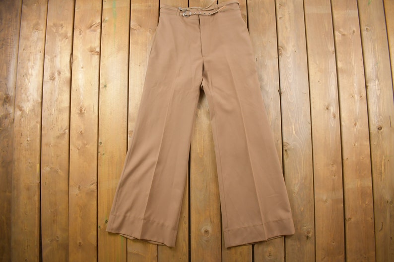 Vintage 1970s Right On Brown Flared-Leg Built-in Belt Trousers Size 28 x 32 / True Vintage / Bottoms / Vintage Pants / Retro Style image 3