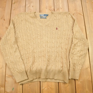 Vintage 1990s Polo Ralph Lauren Tussan Silk Knit V-Neck Sweater / Vintage Polo / Cable Knit / Beige Sweatshirt / Abstract Pattern