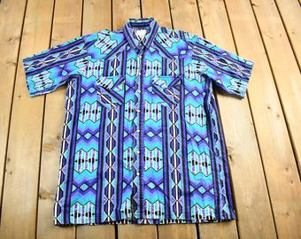 Vintage 1990s King Size Pearl Snap Aztec Western Shirt Men's Tall Large / 1990s Button Up / Short Sleeve Shirt / Basic Button Up