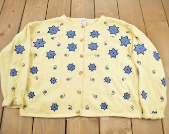 Pull cardigan en tricot brodé étoiles Christopher & Banks vintage des années 1990 / Cardigan vintage / Pull boutonné / Rayé