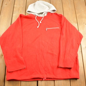 Vintage 1970s Inset Hood Zip Breast Pocket Red Blank Hoodie Sweatshirt Crewneck / 90s Hoodie / Vintage Sweater / Color Block / Draw String