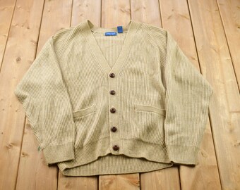 Vintage 1990s Beige Knitted Cardigan Sweater / Vintage Cardigan / Button Up / Blank Cardigan / Knit Sweater / 90s Cardigan