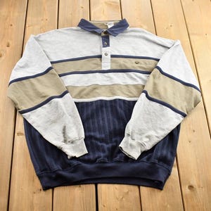 Vintage 1990s Old Sport International Ribbed Mixed Pattern Color Block Polo Sweatshirt / 90s Crewneck / Preppy Style