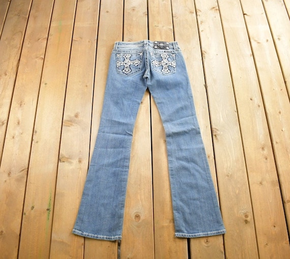 Vintage Y2K Miss Me Bedazzled Embroidered Faded Boot Cut Low Rise