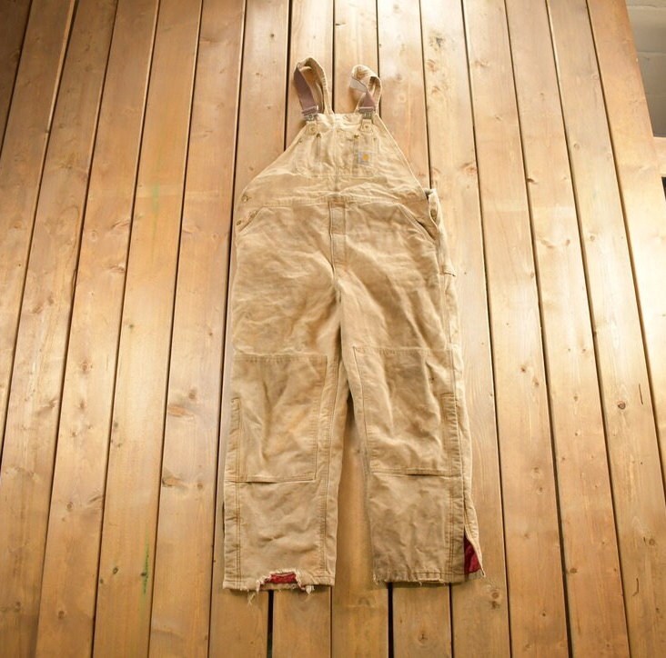 Vintage 1990s Carhartt Double Knee Canvas Overalls Size 44x32 / Made in USA / Winterized / Streetwear / Vintage Workwear/ Distressed