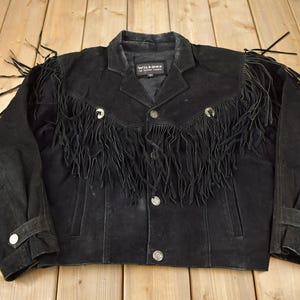Vintage 1990s Wilsons Black Fringe Jacket / Western Jacket / Vintage Fringe Coat / Vintage Leather / Womenswear
