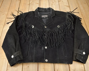Vintage 1990s Wilsons Black Fringe Jacket / Western Jacket / Vintage Fringe Coat / Vintage Leather / Womenswear