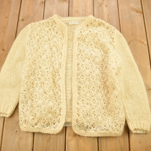 Vintage 1970s Crochet Knitted Open Shall Wool Cardigan Sweater / Vintage Cardigan / Made In Italy / Summer Cardigan