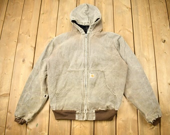 Vintage 1990s Distressed Carhartt Hooded Work Jacket / Vintage Workwear / Streetwear / Sun Faded / 90s / Quilted Jacket / Sun Faded Carhartt