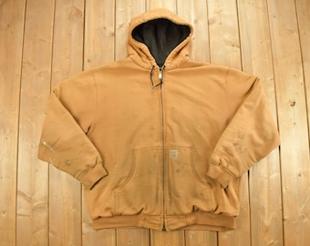 Vintage Heavily Distressed 1990s Carhartt Full Zip Fleece Lined Hoodie Sweatshirt / Workwear / Streetwear / 90s / Vintage Button Up / Winter