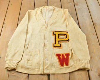 Vintage 1950s Stadium Shaker Sweater Collegiate Wool Knit Cardigan Sweater Men's S / Chenille Patchwork / True Vintage