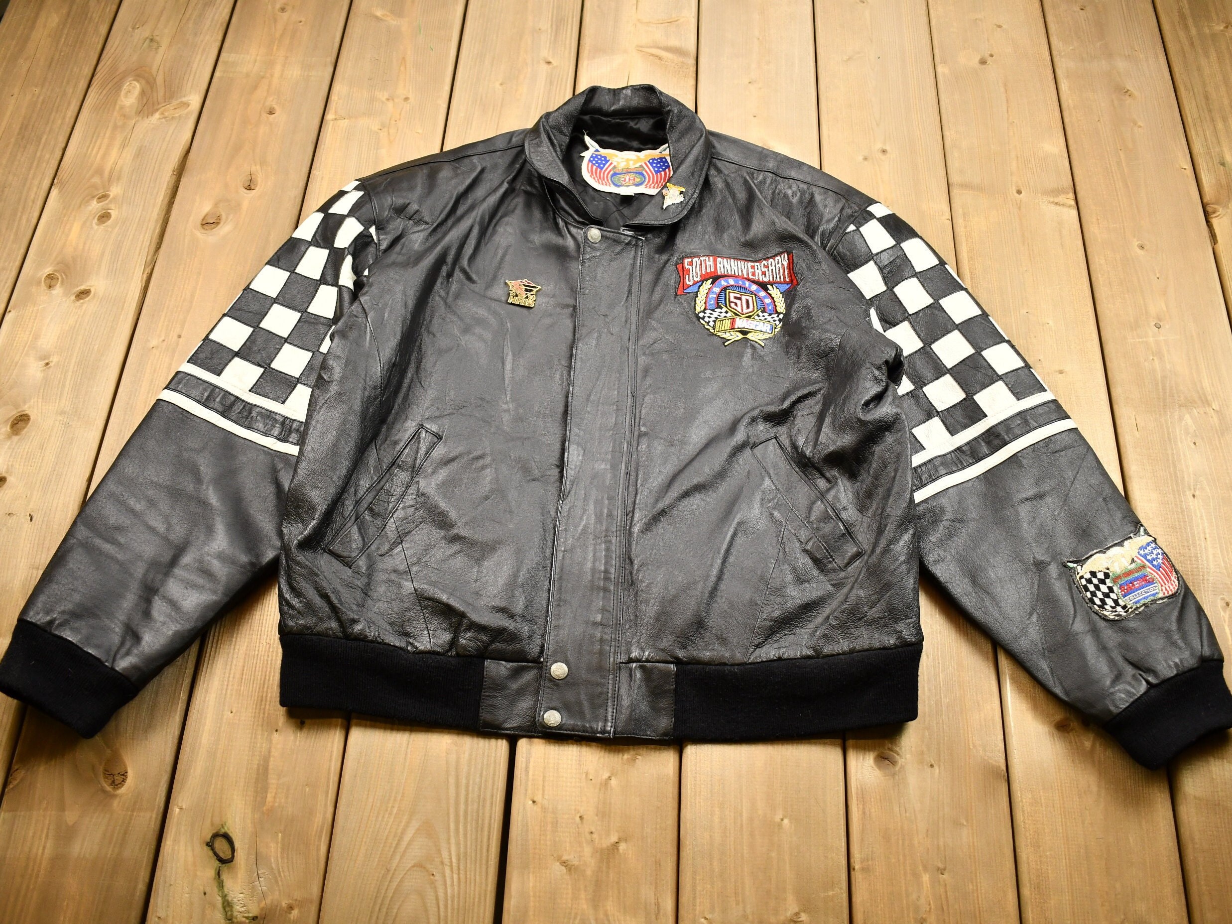 Vintage 1998 Nascar 50th Anniversary Jeff Hamilton Leather Racing Jacket / Patchwork / Streetwear Fashion / Automotive Apparel / Color Block
