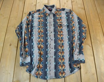 Chemise Vintage Wrangler Brushpopper Des Années 90, Motif Aztèque, Manches Longues, Boutons Pression, Taille XL - Parfaite Pour Un Look Country Et Rétro