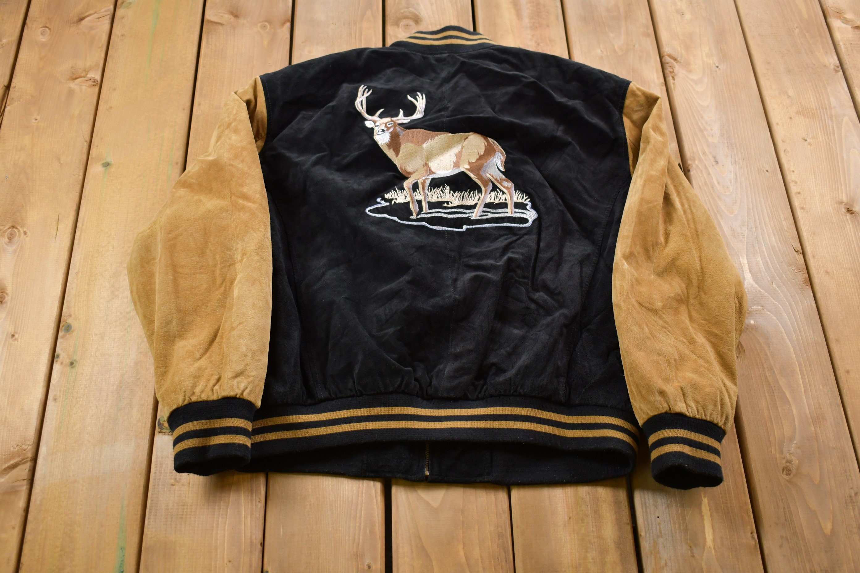 Vintage 1990s Suede Leather Embroidered Deer Bomber Jacket / Fall Outerwear Leather Coat / Winter Outerwear / Guide Gear / Suede Jacket