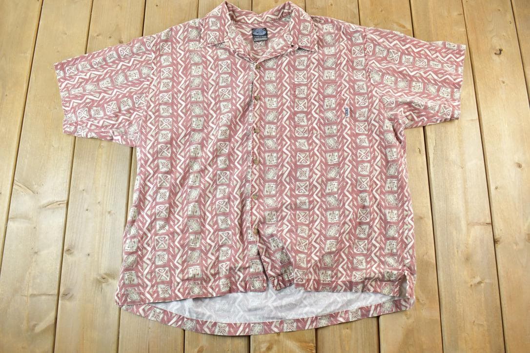 Vintage 1990s Aztec Cotton Button Up Shirt / Vintage Flannel / Plaid Button Up / Cowboy Shirt / Preppy Button Up