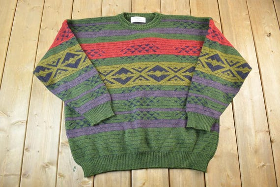 Marks & Spencer, Vintage 1990s Marks And Spencer Knit Abstract Pattern Crewneck Sweater / 90s Crewneck / Preppy Knits