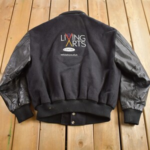 Vintage 1990s Living Arts Center Mississauga Leather Jacket / Leather Coat / Winter Outerwear / Embroidered / Made in Canada