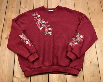 Sweat-shirt double ras du cou brodé floral Bon Worth vintage des années 1990 / Fleurs / Pull vintage / Streetwear américain / Pull grand-mère