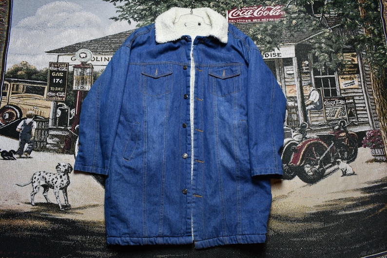 Vintage Denim Sherpa Lined Overcoat Jacket Formal Dress Winter Wear Workwear Streetwear