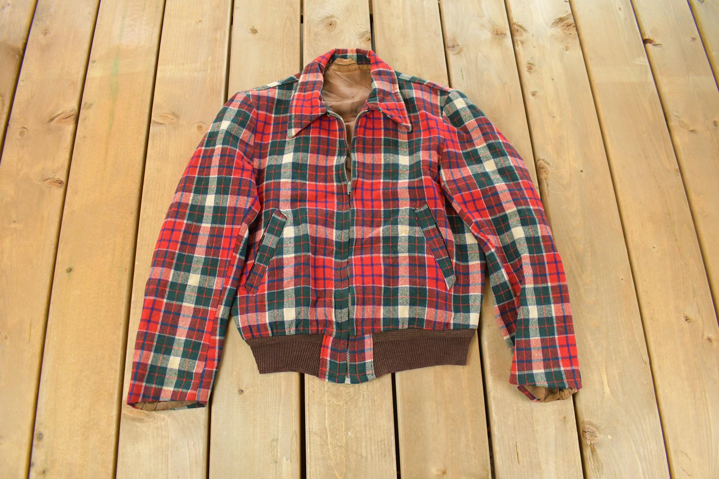 Vintage 1960s Wool Tartan Plaid Full Zip Jacket Youth Large / 60s True Vintage / Talon Zip / Checkered Flannel Outdoors