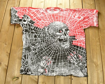 Vintage 1990s Morbid Rags Skull And Spider Web All Over Print T-Shirt / Skull Pile / Streetwear / Single Stitch / Premium Vintage