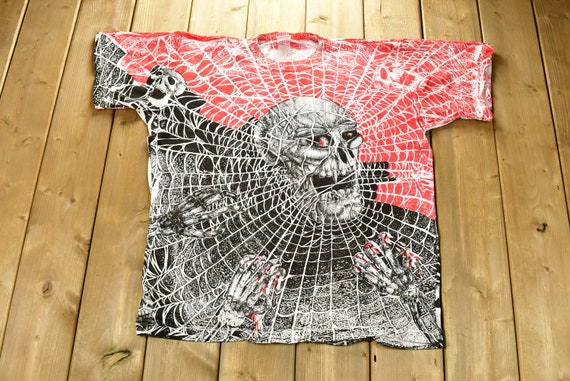 Vintage 1990s Skull And Spider Web All Over Print… - image 1